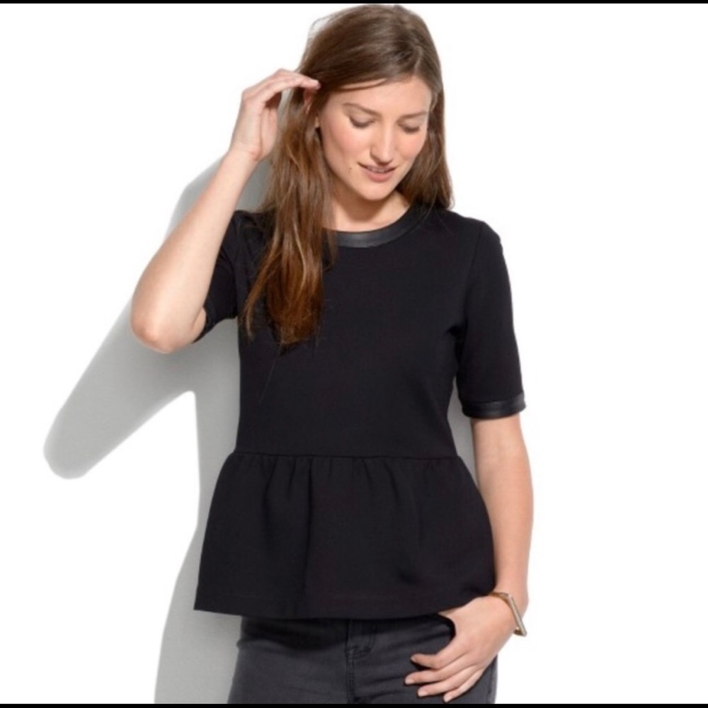 Madewell Black Leather Trimmed Peplum Top L